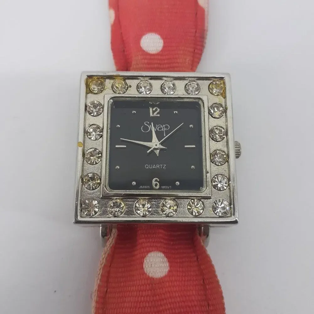 Swap Women Ribbon Wristwatch Red White Polka dot Rhinestone
